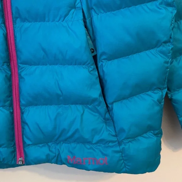 Marmot Girls Puffer Hooded Jacket With Pockets Teal/Hot Pink Size XL - Picture 6 of 13